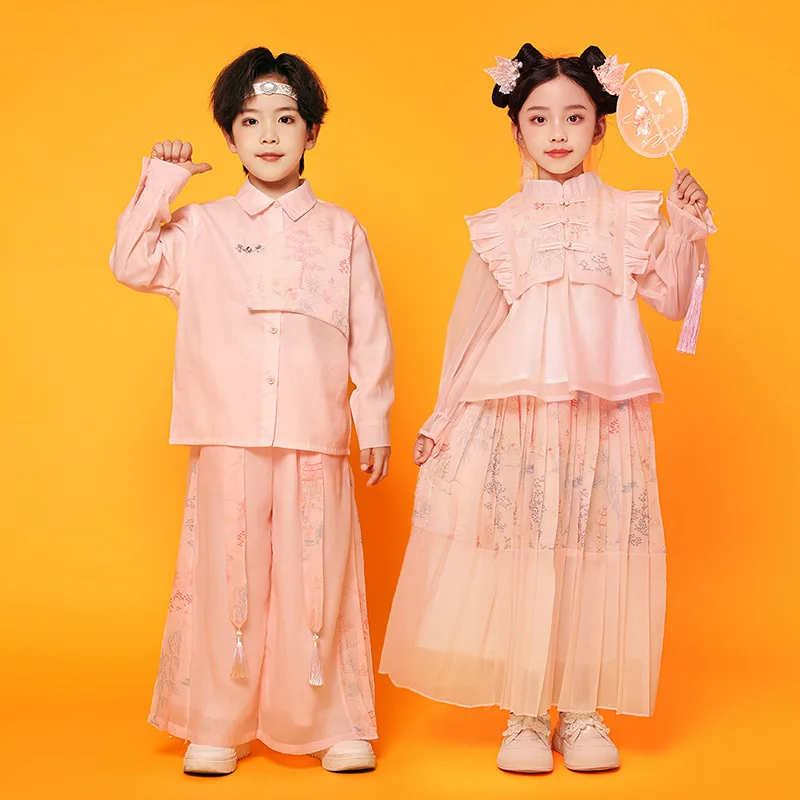 

Детские комплекты Hanfu, детский летний ярко-розовый костюм Тан, костюм для подростков, кружевные топы с длинными рукавами для девочек, юбки, наряд