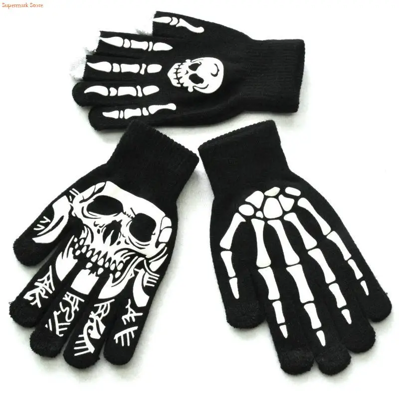 Q5WE Halloween Knitted Skull Gloves Hand Warmer Gloves Luminous Gloves for Unisex