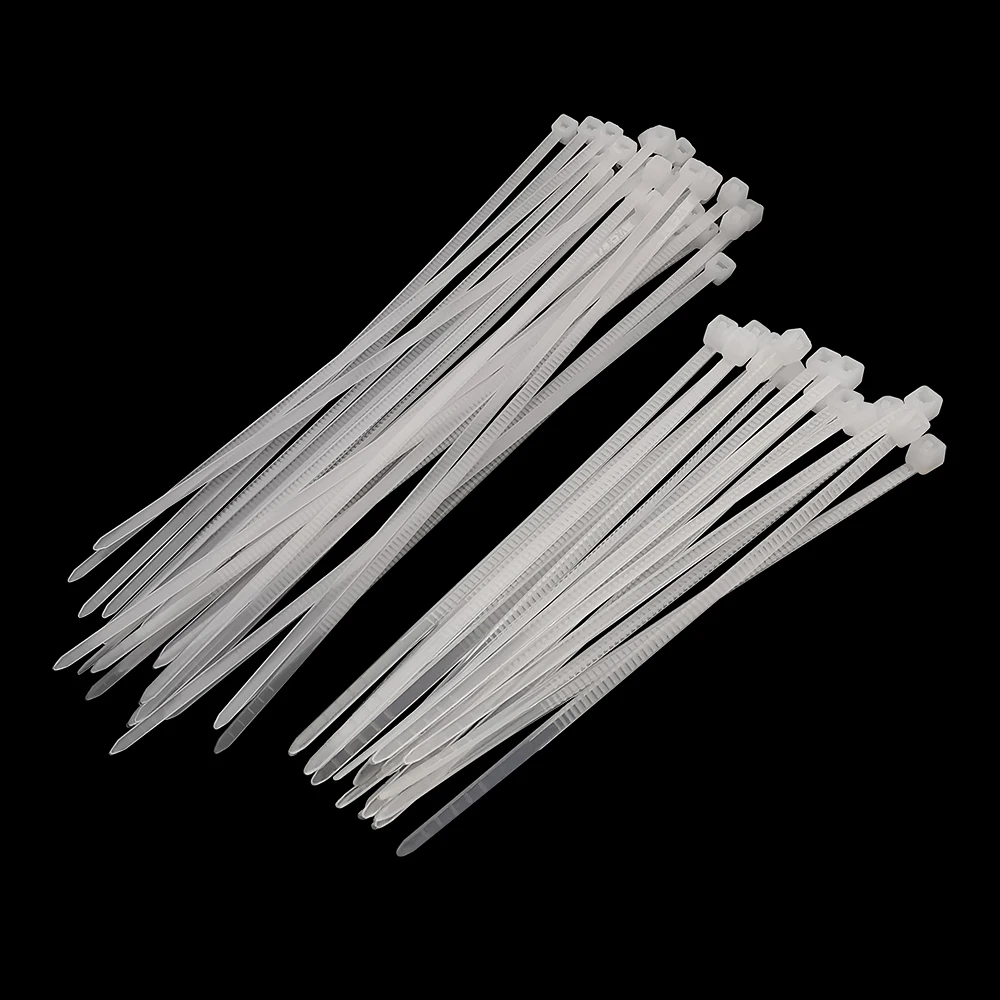 100 Stück weiße, selbstverriegelnde Nylon-Kabelbinder für den industriellen Einsatz, 1,99 mm x 80/100/120/150/200 mm, 2,7 mm x 300 mm, zum Befestigen von Kabeln, Kabelorganisator, Kabelbinder. – Detail 4