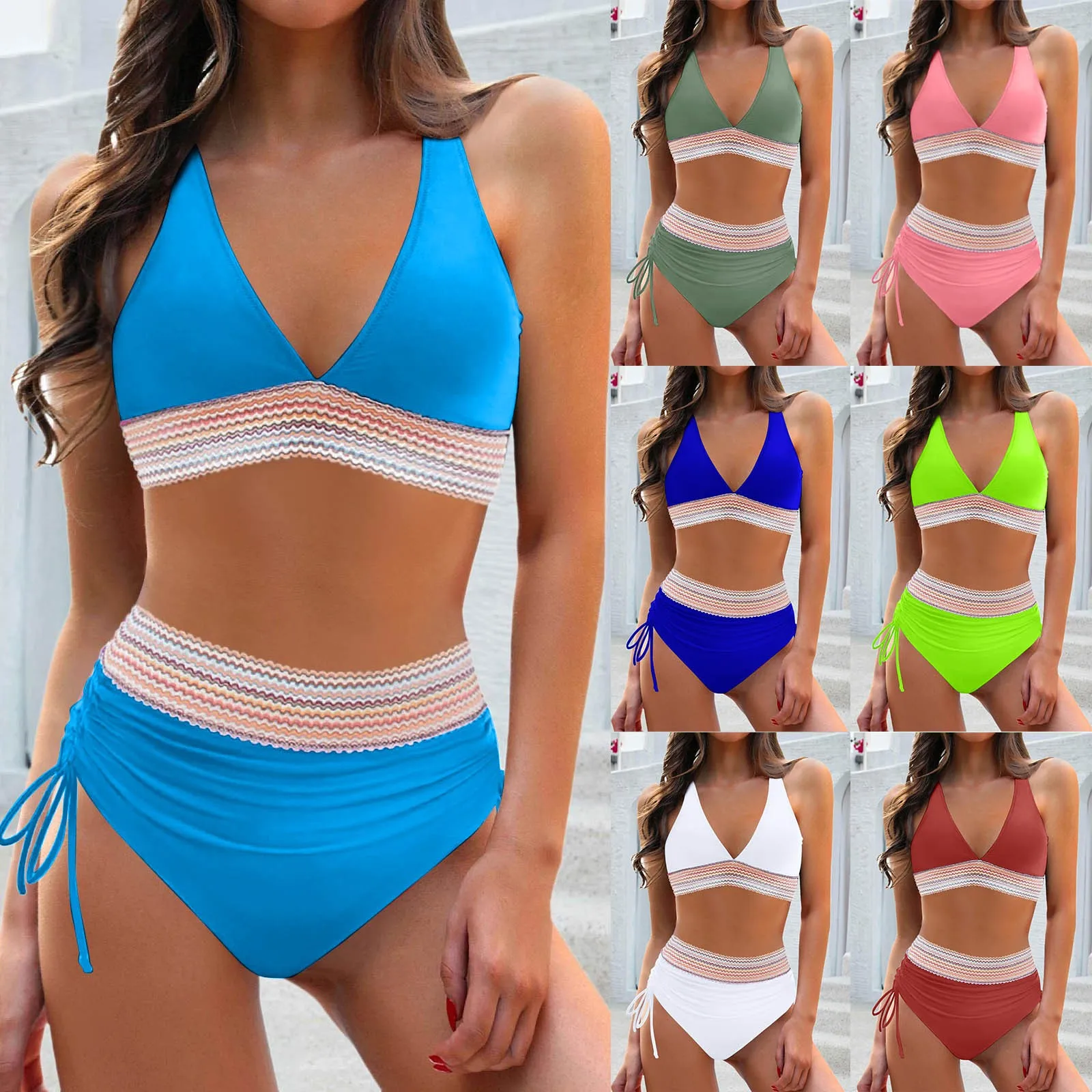 Women Sexy High Waisted Bikini Sets Swimsuits Block Drawstring Bathing Suit Teen Vibrant Bikini Set Stylish Beach Outfit 2025