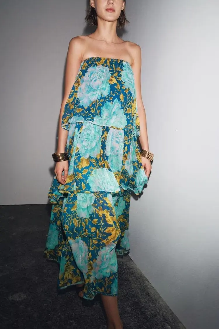 

BB6365 ZA25 Summer New Women's Seaside Vacation Style Fashionable Temperament strapless Printed Dress 3001119