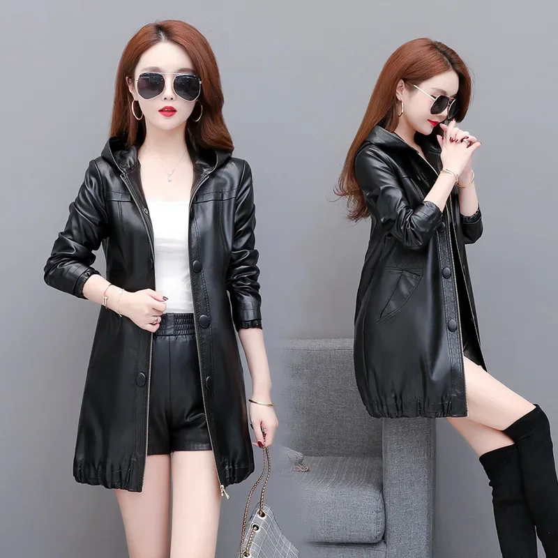 Mid-length Leather Jacket Women 2023 Fashion Hooded Coat Women's Black Leather Jackets Spring Autumn Clothing Chaquetas De Cuero