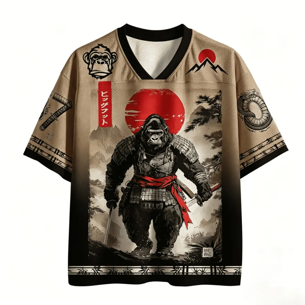 Harajuku Japanese Samurai Gorilla 3DPrint Sport Breatha Quickdry Men V-neck Tshirt Casual  Y2K Fashionable Parent-child Clothing