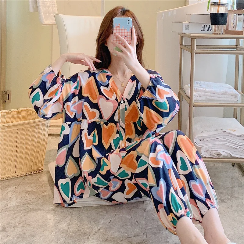 Baggy Pajama Sets Women Lantern Sleeve Summer Elegant New Sleepwear Simple Lady Thin Breathable Mixed Color Casual Sleepwear