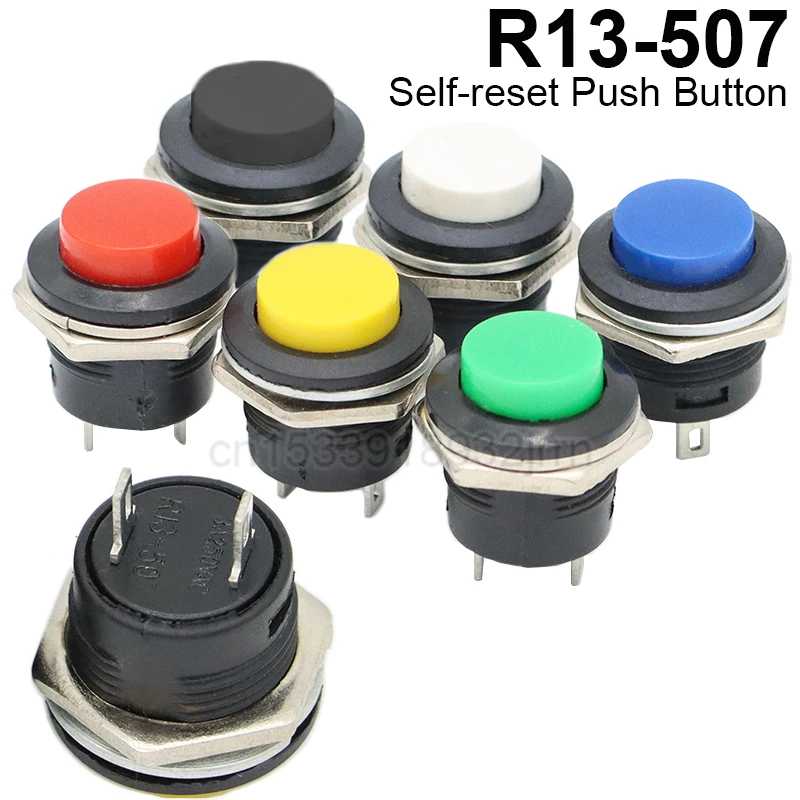 

6Pcs R13-507 16mm Momentary 3A/250VAC 6A/125VAC Round Self-reset Push Button Switch Green/Black/Blue/White/Yellow/Red