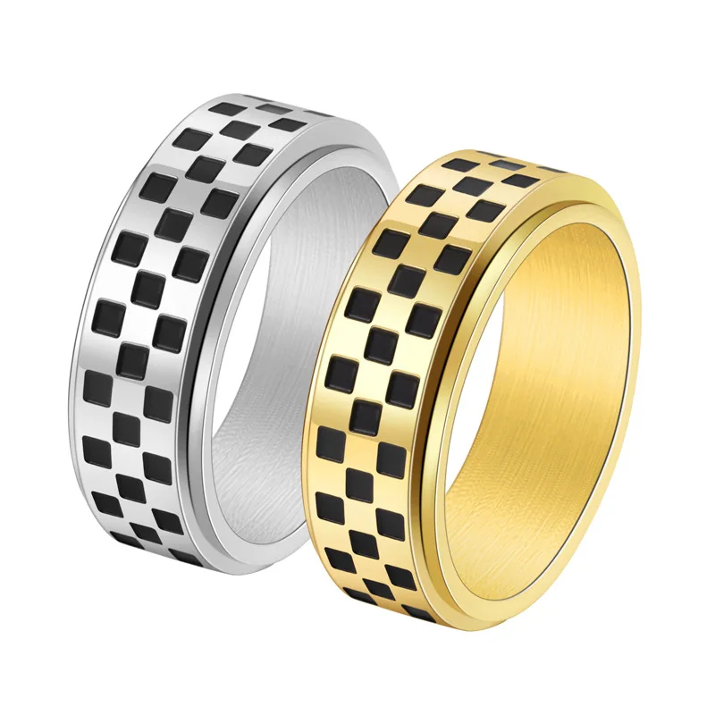Checkered Fidget Ring - 18K Gold Plated Stainless Steel Rotating Spinner Jewelry, Anxiety & Stress Relief Gift for Women Men
