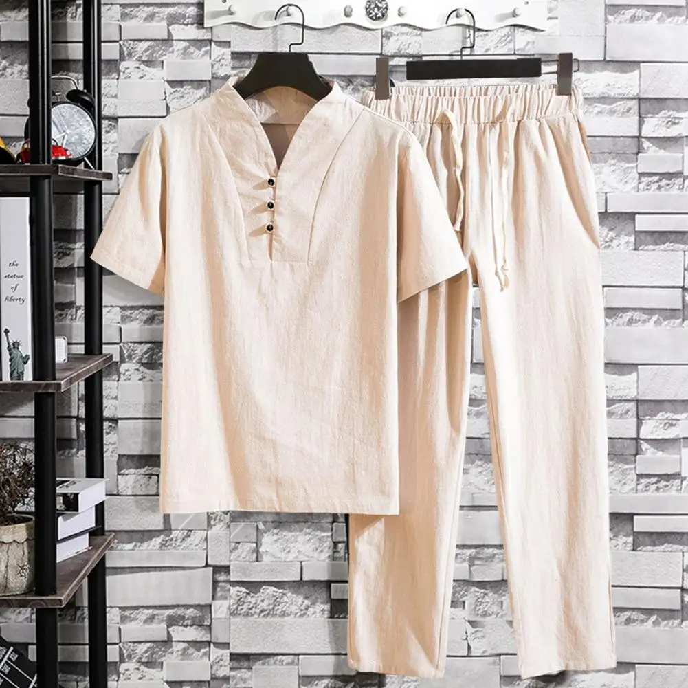 New Arrival Men's Cotton and Linen Short Sleeve T-shirt+Ankle Length Pant Set Solid Shirt+Trousers Home Suits Male Size M-3XL