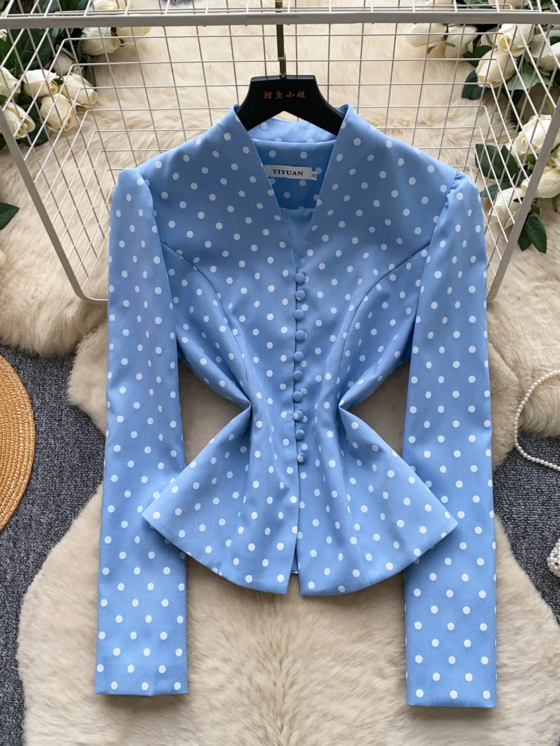 Korean Design Polka Dot Long Sleeve Women's Shirt Commute Style Waist Cinched Slimming Top Elegant Light Maturity Style Top