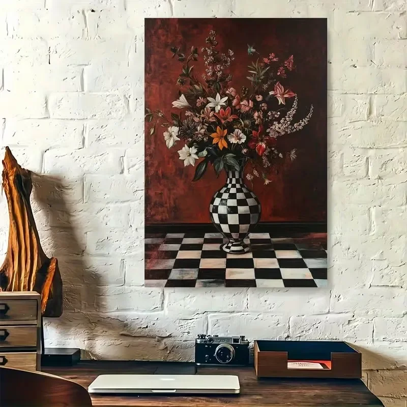 Flower Black White Checkered Vase Poster Prints Red Plants Canvas Painting Wall Art Picture for LivingRoom Home Decor Cuadros