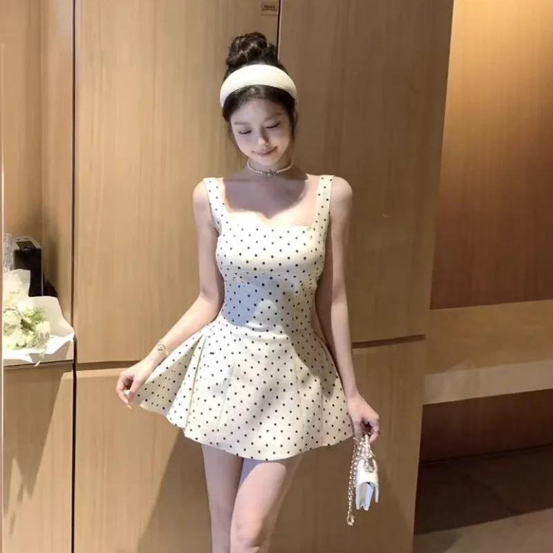 

Polka Dot Vacation Mini Dress for Women High Waist A-line Ball Gown Dress Sleeveless Square Collar Party Vestidos Summer Robe