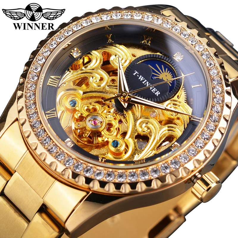 

Official brand of free shippingEuropean and American Style Men's Hollow Rhinestone Watch Retro Fashion Automatic Mechanical Watc