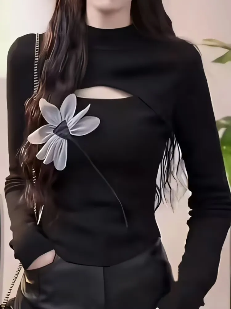 Long Sleeve T-shirt 2025 New Spring Autumn Women Hollow-out Base Shirt Female Sweet Blouses Half High Neck Pullover Top