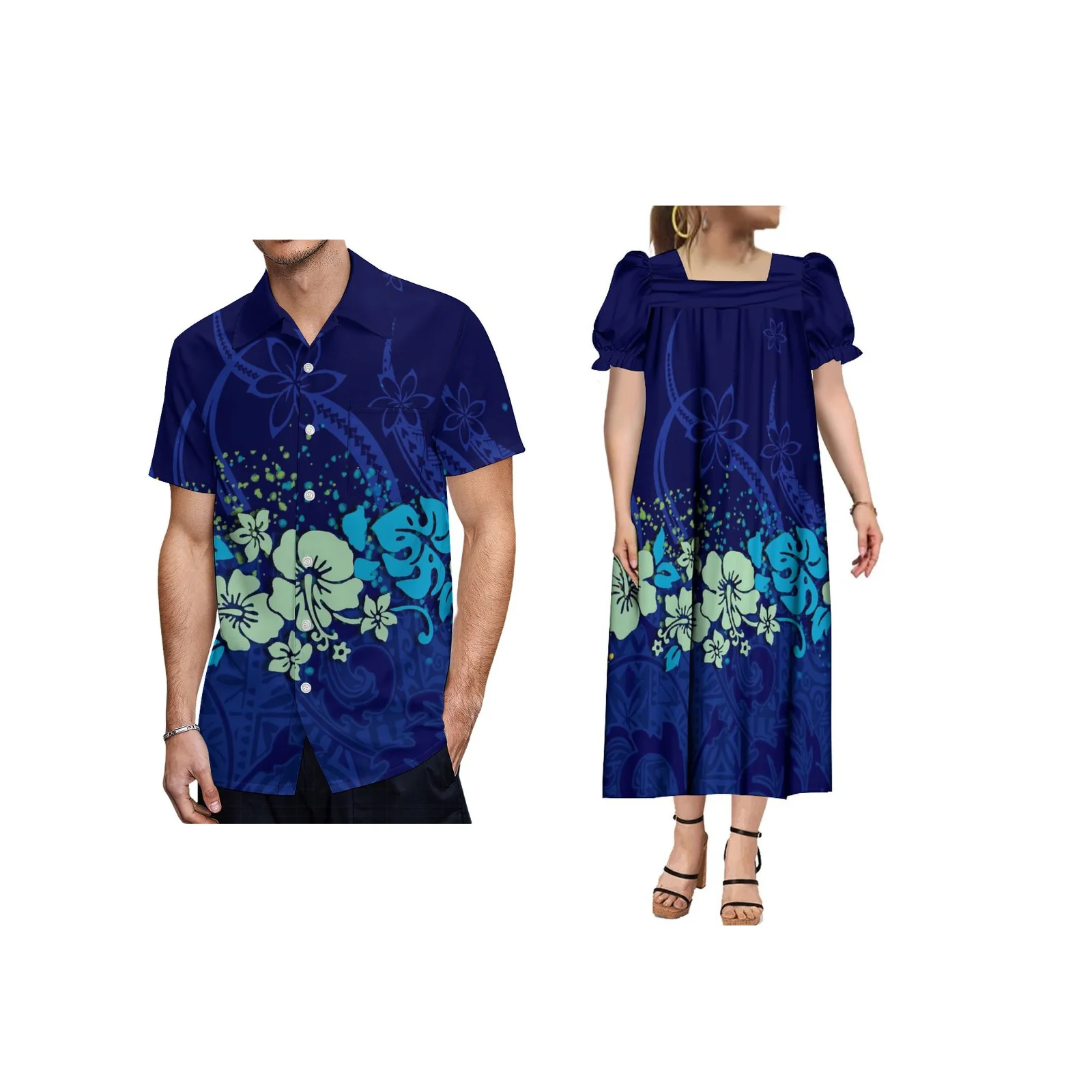 

Hawaii Island Style Men Printed Shirts Polynesian Couple Set With Support Customization MUMU Samoa Bubble Sleeve Women Dress