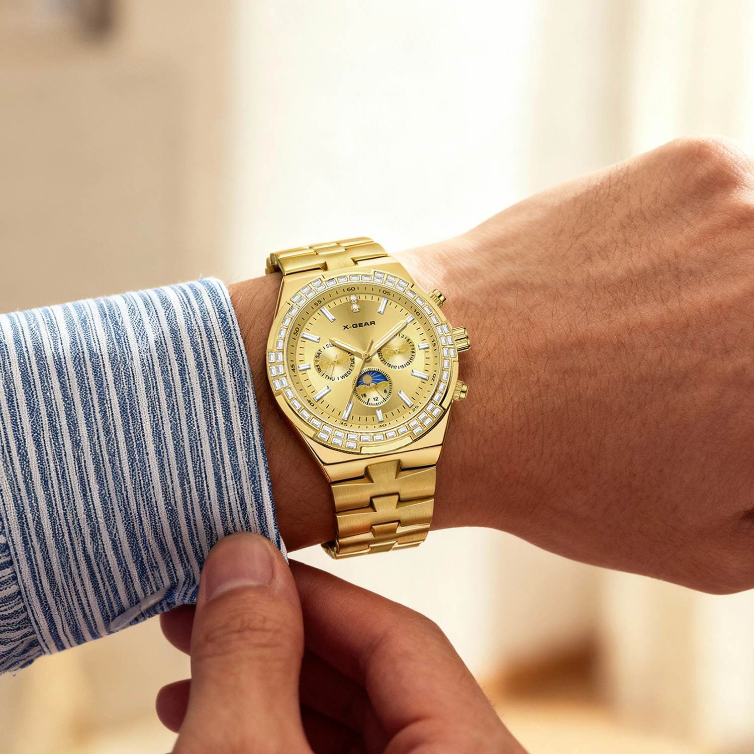 Relógio mecânico masculino X-GEAR, moda casual, relógio de pulso com pulseira de aço inoxidável dourado