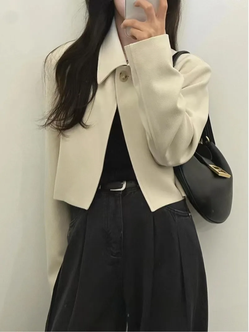 

Ele ort Tailored Jaet Chic One Button Stand Collar Design Versatile Small Size Faionable Autumn Outerwear