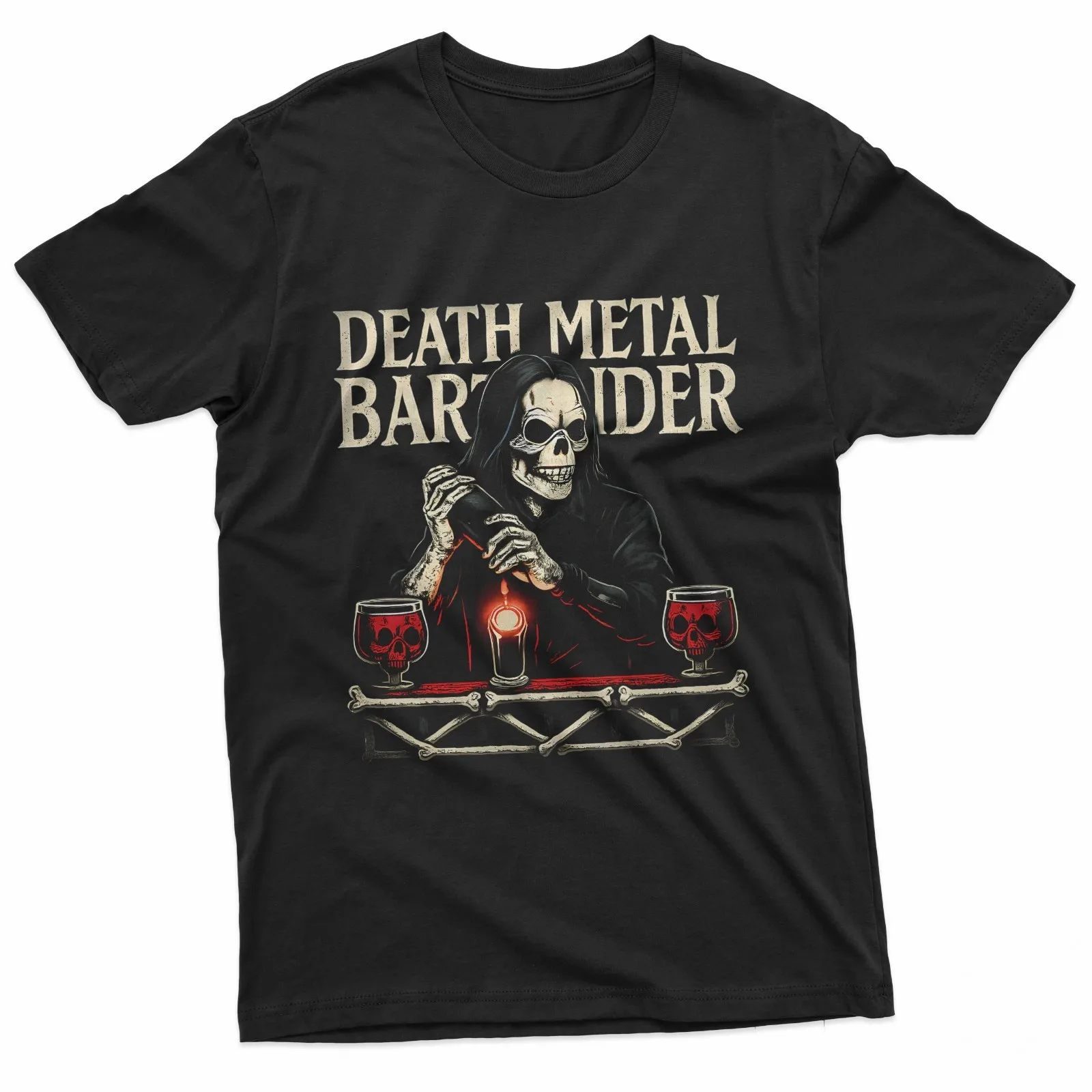 Skeleton Bartender Death Metal Cocktail Black T-Shirt
