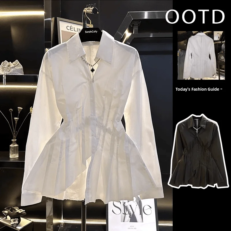 

Autumn 2025 Women's Long Sve irt Waist Inward Design Fi Tail Irregular Hemline European Sle Casual Loose Fit Polyester