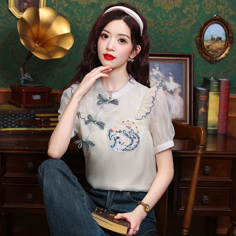 Chiffon Chinese Style Women Blouses Summer Women's Shirts Loose Short Sleeves Tops O-neck Korean Clothing Sales