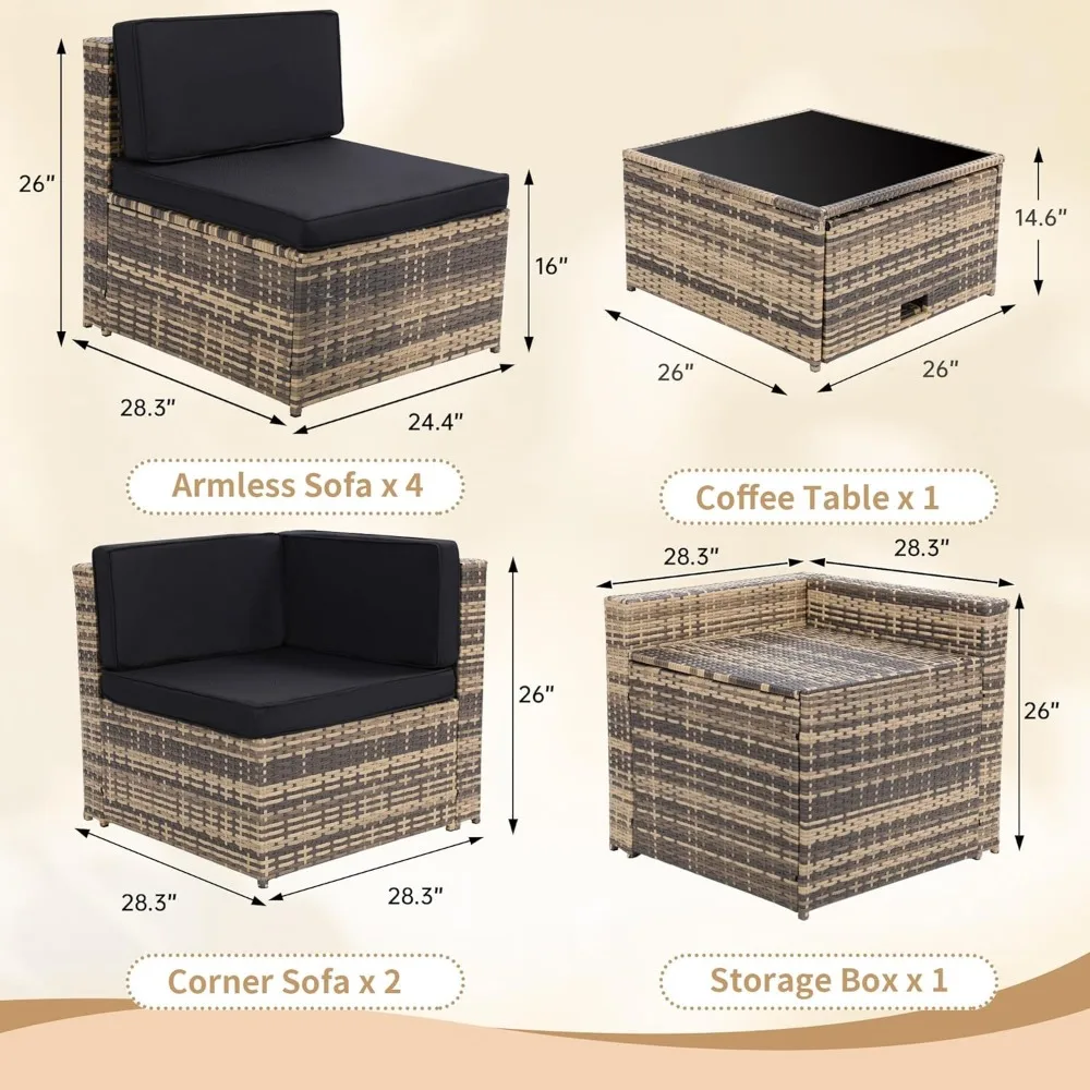 8-delige rieten rotan terrasmeubilair sectionele set voor buiten, tafel met glazen blad en verborgen opbergruimte, 7 bankstukken, kussens