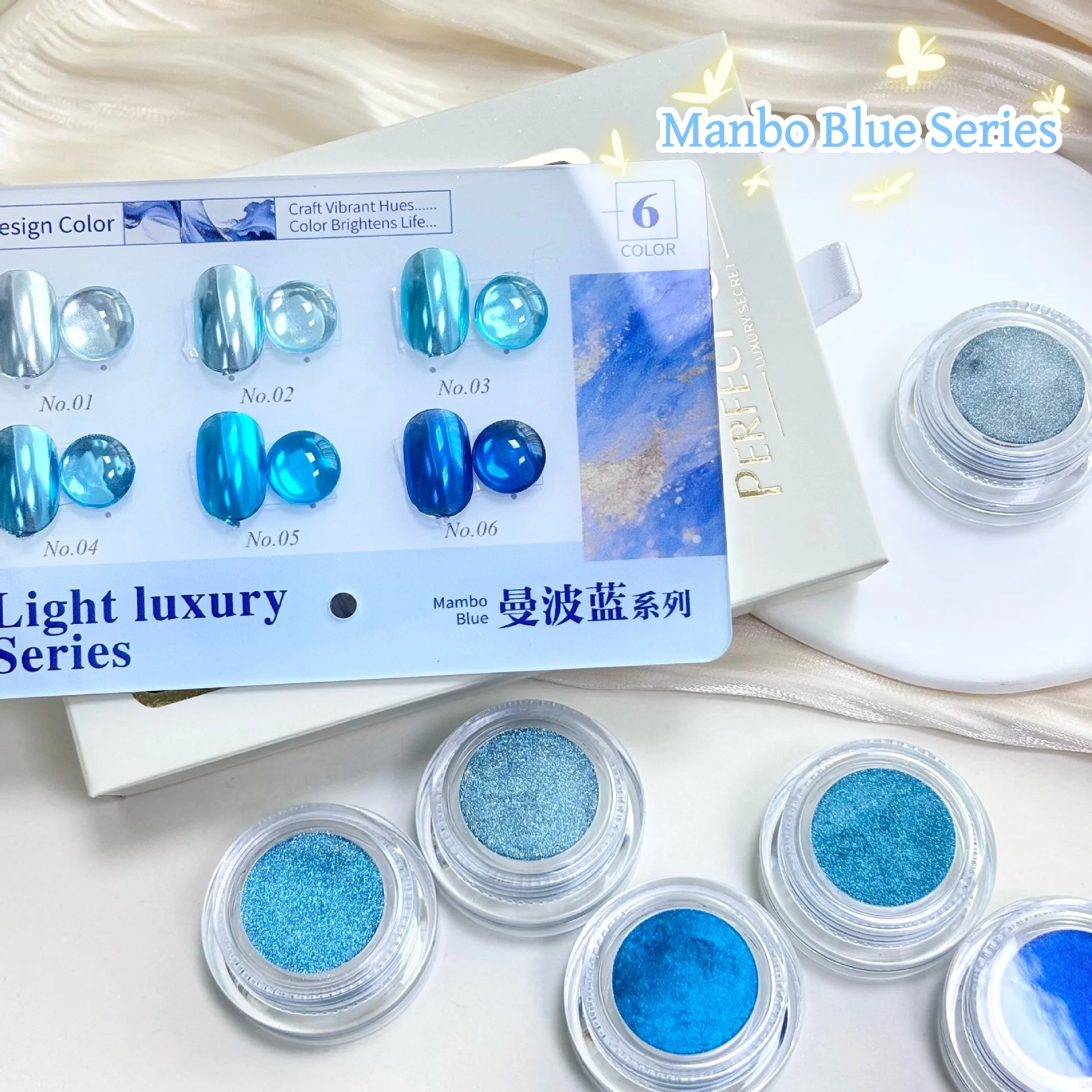 6-Color Nail Powder Set with Color Board, Mauve Blue High-End Manicure, Ocean Theme Summer Bestseller, Perfect for Nail Salons