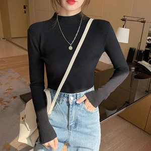 Kazak kadın yüksek yaka uzun kollu üstler, elastik bantlar, kazak örme, rahat oturma ve modada yeni 6 Büyük satış-örgü uzun kollu-no. 5