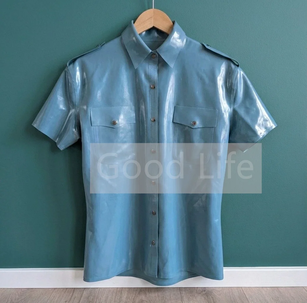 

Handmade Latex Men's Short Sleeve T-Shirt With Pocket Front Button Latex Male Top Cosplay Latex Polo Shirt
