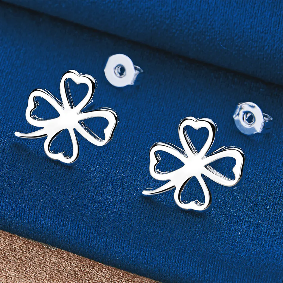 925 Sterling Silver Luxury Exquisite Hollow Four Leaf Clover Stud Earrings for Women Fashion Wedding Charm Gift Party Jewelry