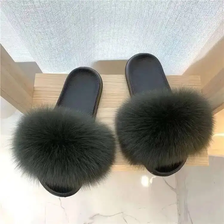 Zapatillas de piel de zorro para mujer, zapatos de Casa de diseñador de lujo, mullidos, bonitos, Chanclas de felpa para el hogar, Sandalias planas informales para exteriores de verano