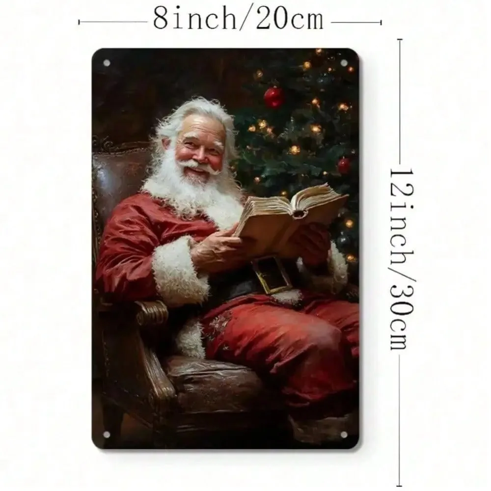 Vintage Santa Claus Metal Tin Wall Art, 8x12inch Christmas Decoration in Oil Painting Style, with Pre-Drilled Holes