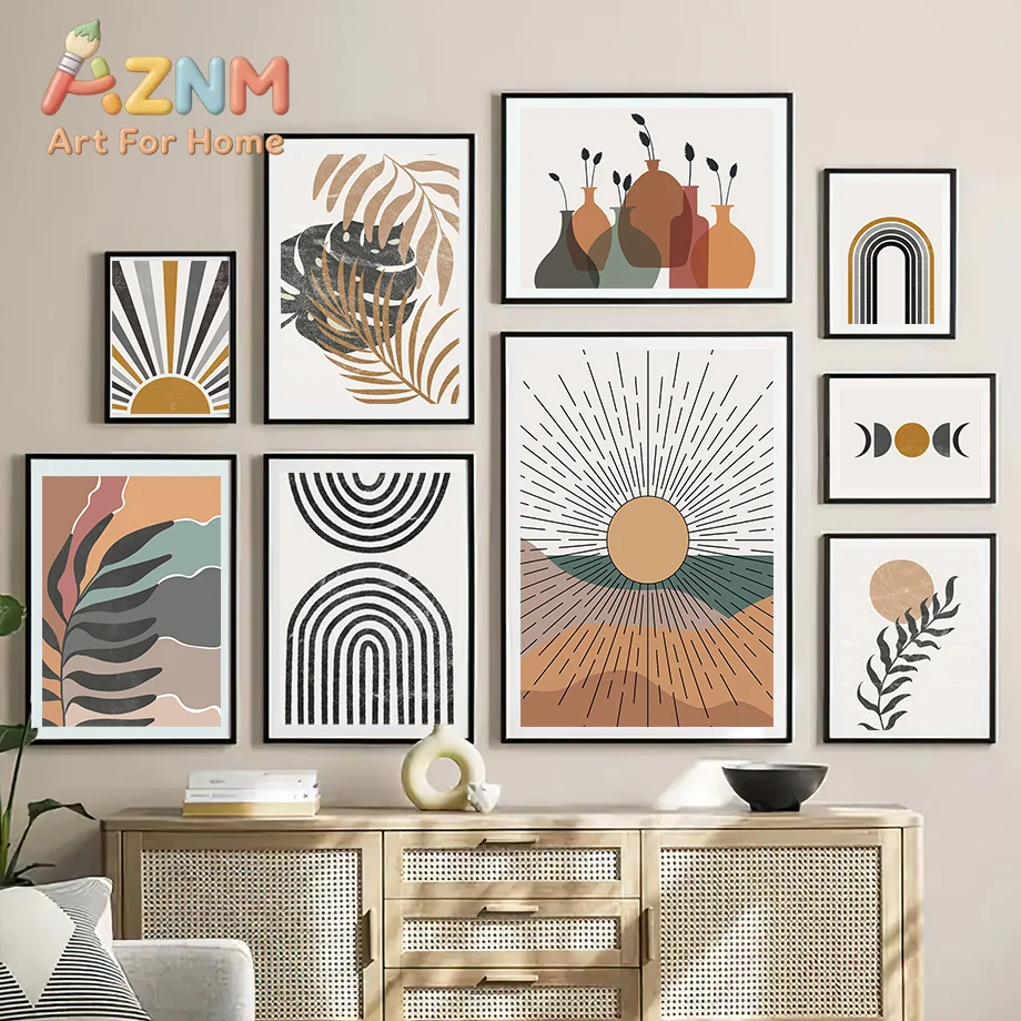 Sun Leaves Rainbow Abstract Geometry Boho Nordic Wall Art Painting Gallery Posters And Prints Wall Picture For Living Room Decor