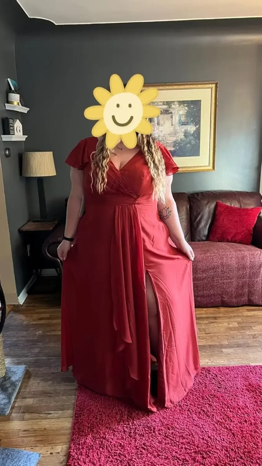 Lange formele jurk met V-hals en split Bruiloftsjurken Dames Ruche mouwen Grote maten bruidsmeisjesjurken 2026 met zakken