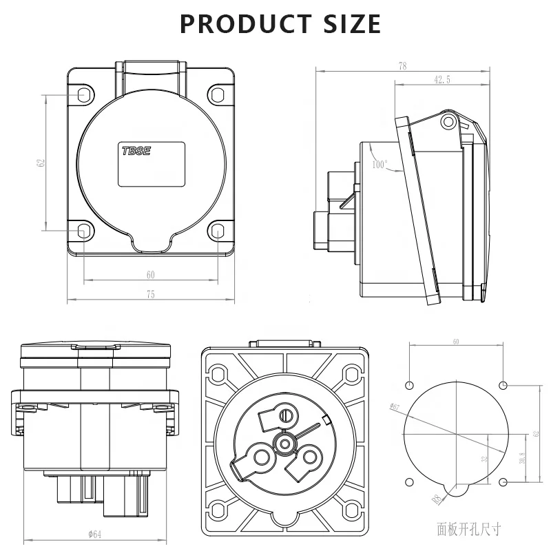 SFE SF-423 IP44 32A 220-240V 6H 2P+E 3pin Single Phase Industrial Angled Flush Mounted Inclined Socket