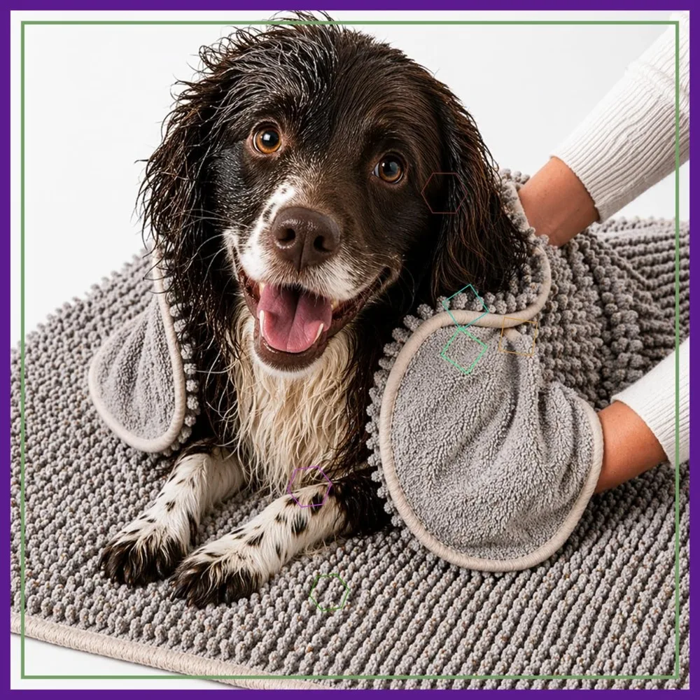 

Pet 2-in-1 Dog Towel & Mat: Ultra Absorbent, Quick-Drying, Machine Washable with Non-Slip Mat and Hand Pockets (Large)