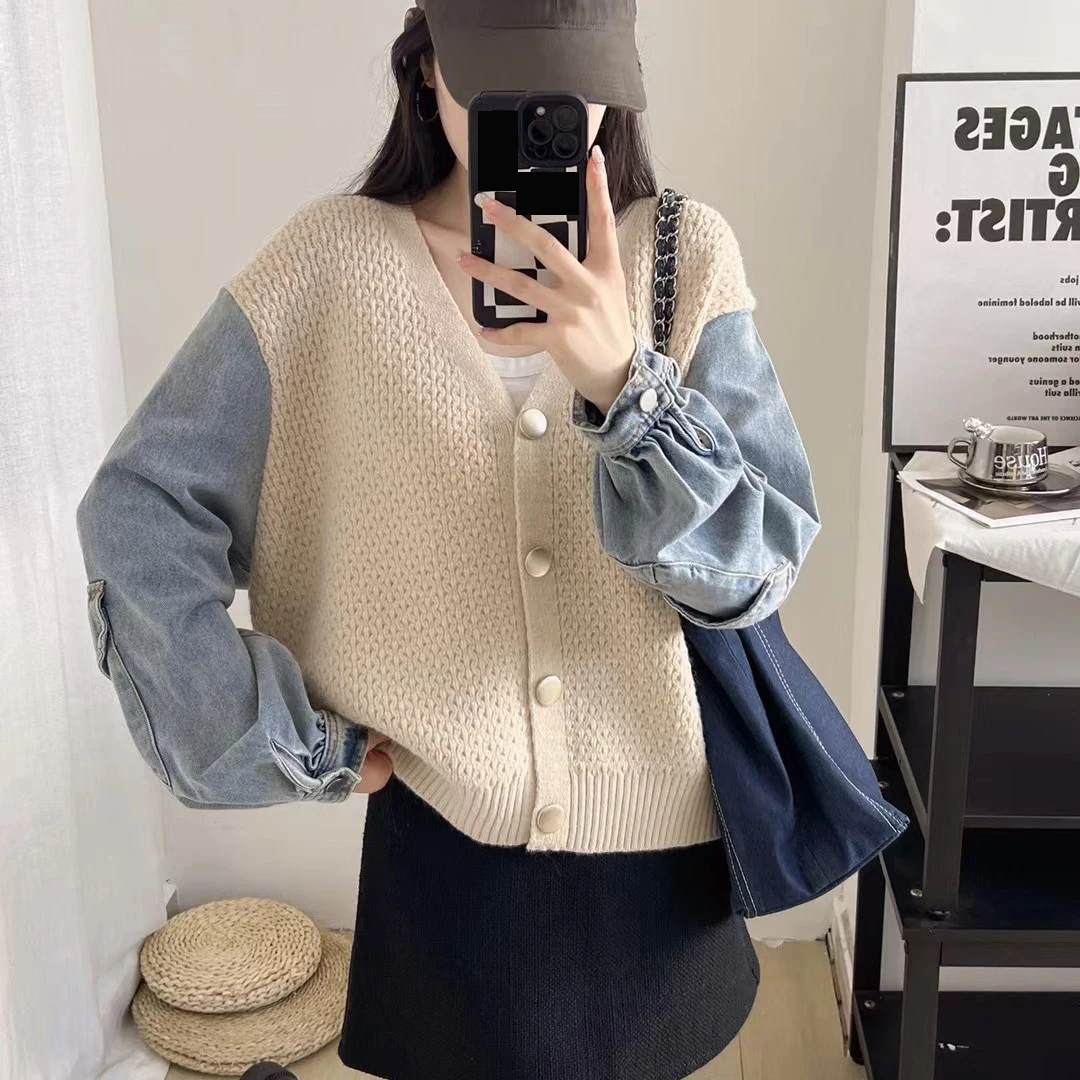

Women Denim Splicing Knitted Cardigan Autumn Winter New Korean Edition Loose Style Casual Versatile V-neck Sweater Jacket Trendy