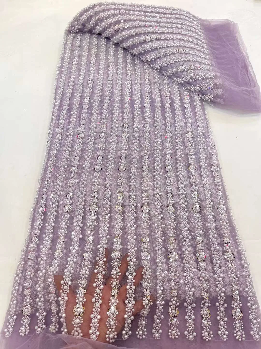 Purple Super Special French Hot Sale Handmade Exquisite Luxury Elegant Beaded Net Lace Fabric With Sequins For Party Evening