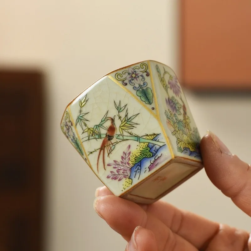 Retro Chinese Ru Kiln Octagonal Tea Cup Trailing Lotus Pattern Household Kung Fu Teaware Business & Festival Gift for Tea Lovers