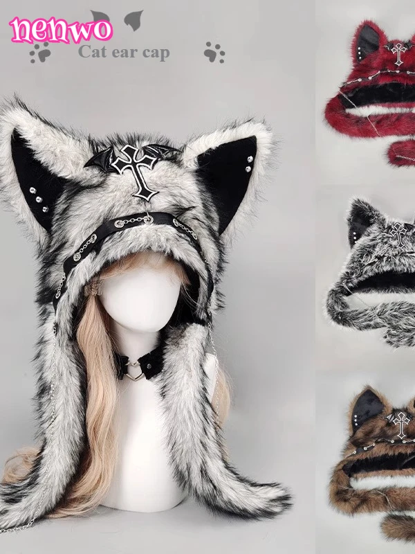 

Оригинальное японское аниме 2D Субкультура Темный стиль Панк-рок Плюшевая шляпа-ловушка с волчьими ушками Женская цепочка с крестообразными заклепками Теплая шляпа на Хэллоуин