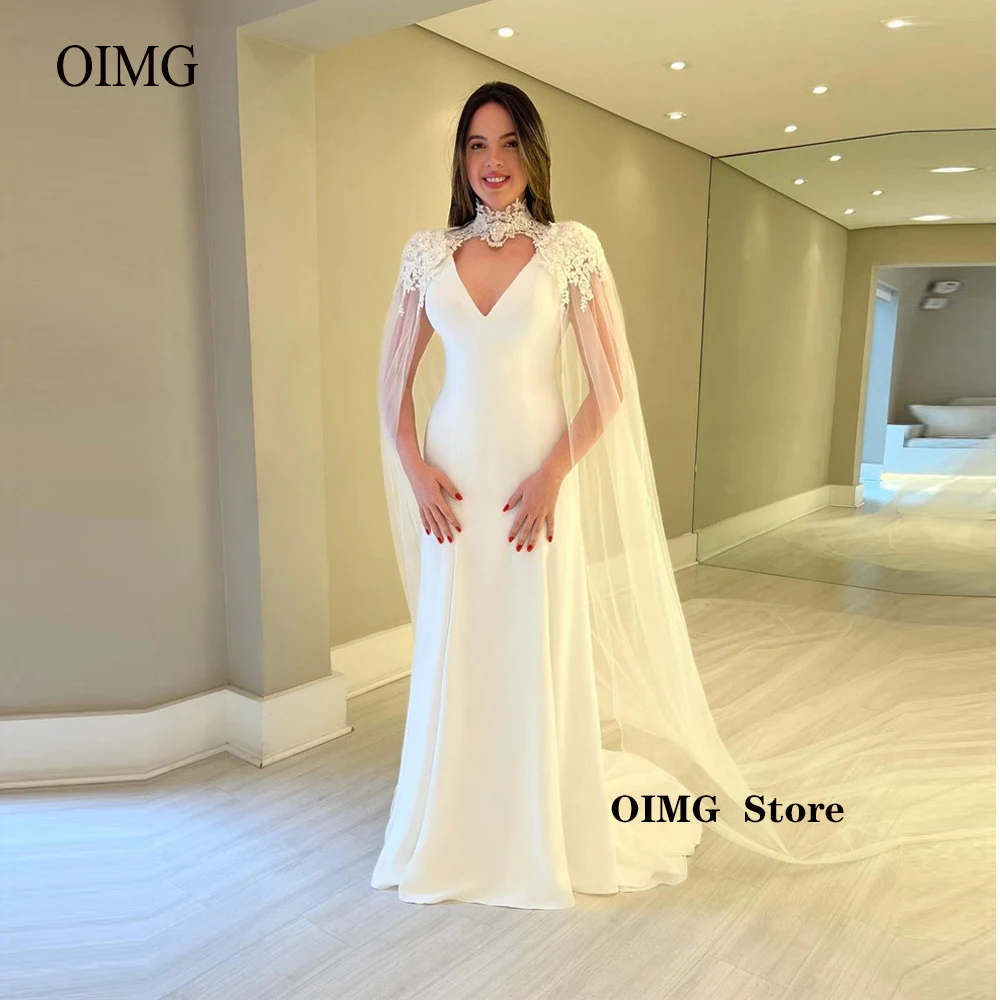 

OIMG Simple Mermaid Stretch Satin Wedding Dresses With Jacket Tulle High Neck Lace Applique Women Bride Formal Evening Gowns