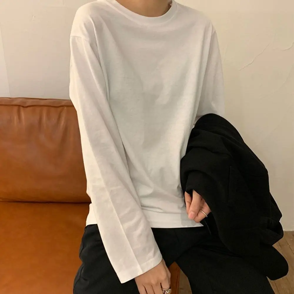 New Round Neck Long Sleeve T-Shirt Solid Color Loose Fit Women's Base Shirt Slight Stretch Crew Neck T-Shirt Casual Wear