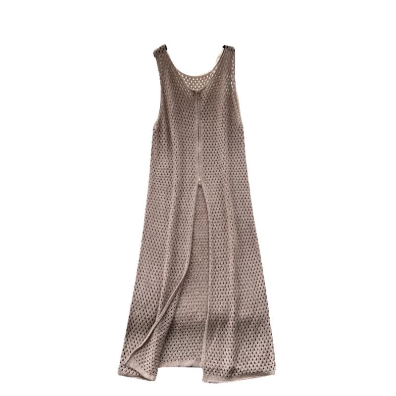 INS Frauen Sommer gestrickt schick Reißverschluss Boho sexy Split Tank langes Kleid lässig aushöhlen elegante Tunika Strand Urlaub Kleid