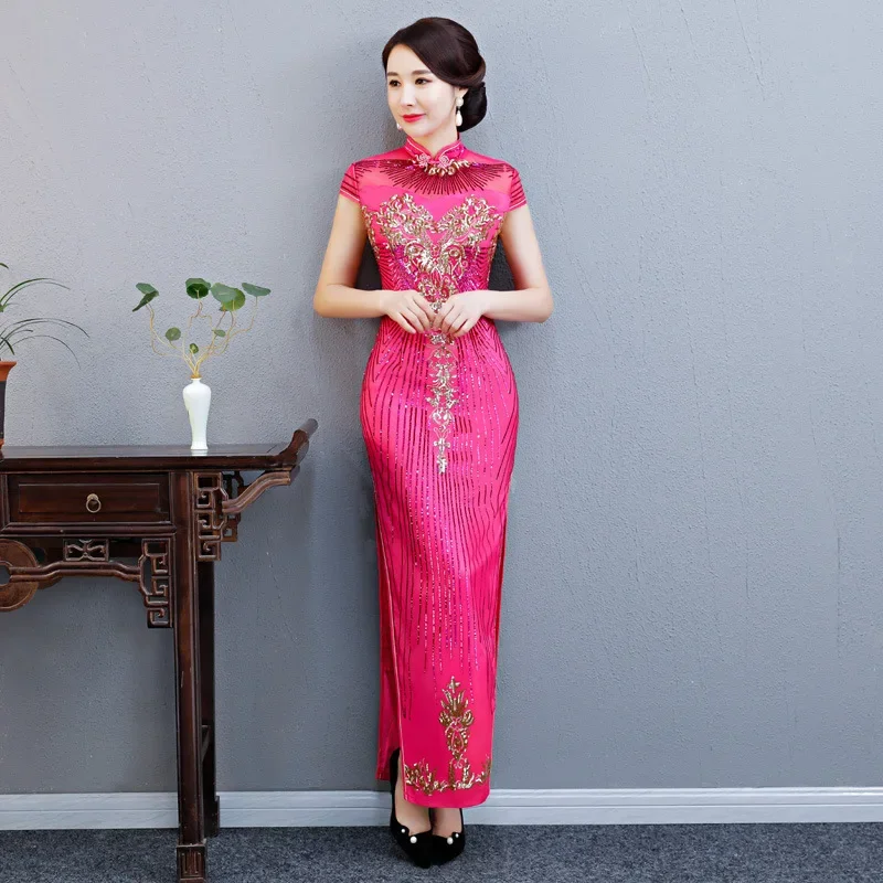 

Обустройство ретро, элегантное художественное платье Cheongsam, модное сексуальное кружевное Ципао с блестками, традиционное китайское платье 5XL, Vestidos