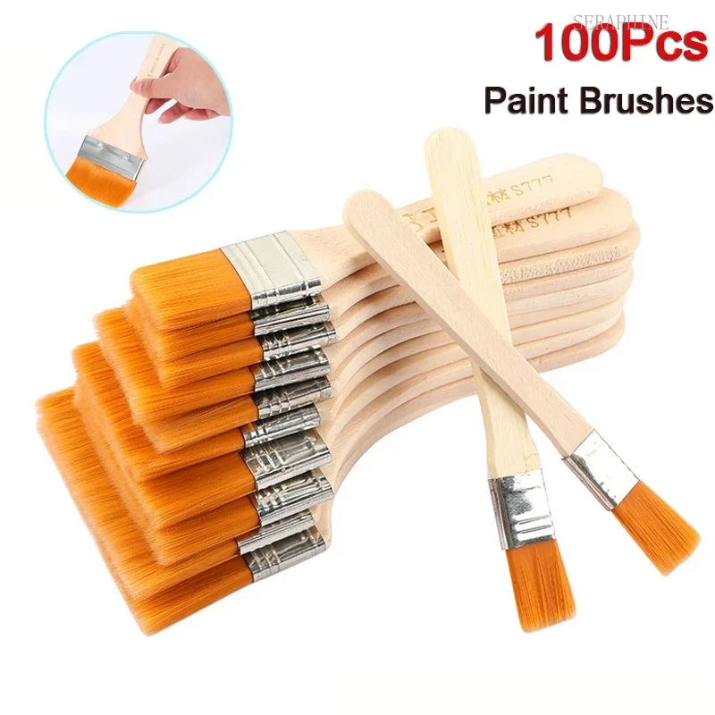 100pcs Nylon Paint Brush Different Size Wooden Handle Oil Drawing Painting Brushes for Acrylic Oil School Art Supplies