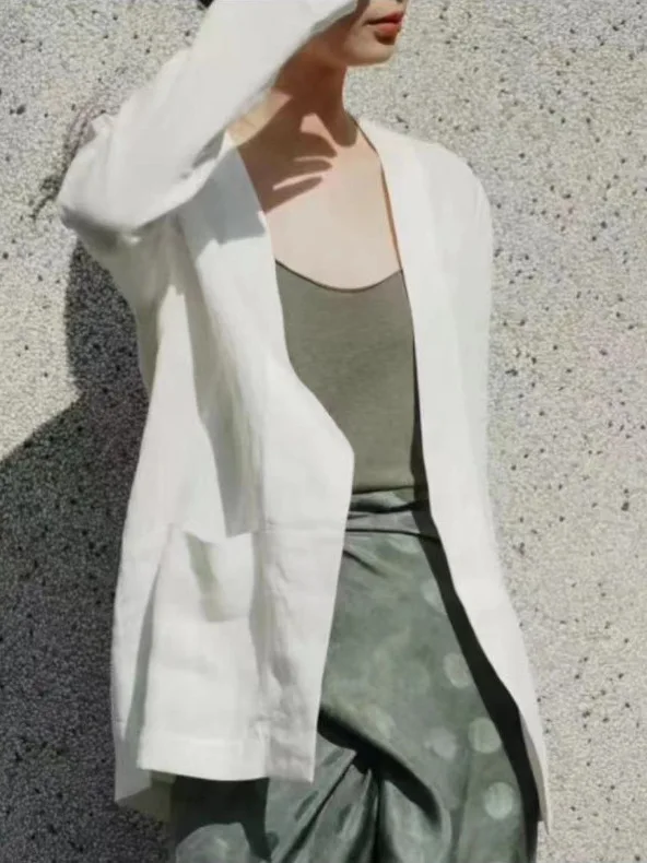 

Spring Summer New Corta Linen V-neck Mixed Thin Casual Jacket Women's Long Sleeve Mid-length Single Button Coat
