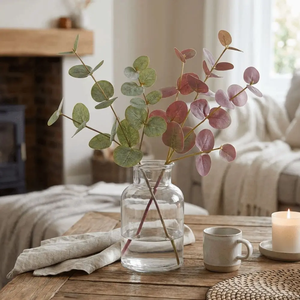 

Plastic Artificial Eucalyptus Round Leaves Background Flower Fake Plants Realistic Floral Art Faux Greenery Garden Decor