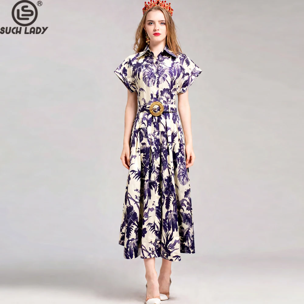 

Women's Blue Tropical Leaf Print Shirt Dress, Short Sleeve Collar Button Front Midi Dress with Woven Belt, Elegant Vintage Chic
