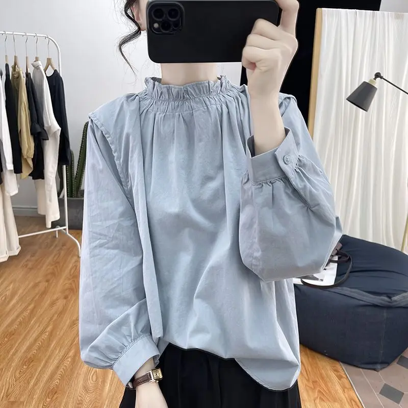 Spring Summer Bubble Sleeve Chiffon Shirt Retro O-Neck Collar Solid All-match Pullovers Loose Fashion Elegant Women Clothing