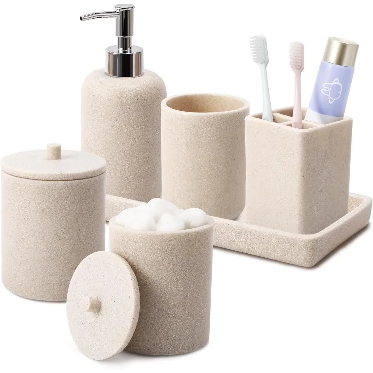 

Resin 6 Pcs Beige Bathroom Set Complete with Toothbrush Holder, Lotion Soap Dispenser, 2 Qtip Holder Dispensers,Vanity Tray,Bath