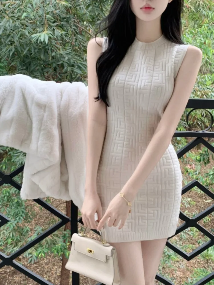 Women Dresses Sexy Sleeveless knited Slim Waist in  Mini Hip Wrap Dress Solid Round Neck Simple Fashion Versatile 2024