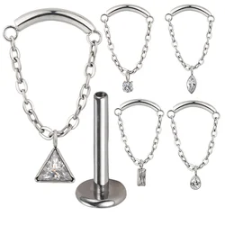 ASTM F136 Titanium EAR PIERC Curved Bar Pendant Chain Dangle Chains Hangs Ear Studs CZ Top Labret Earrings Body Piercing Jewelry