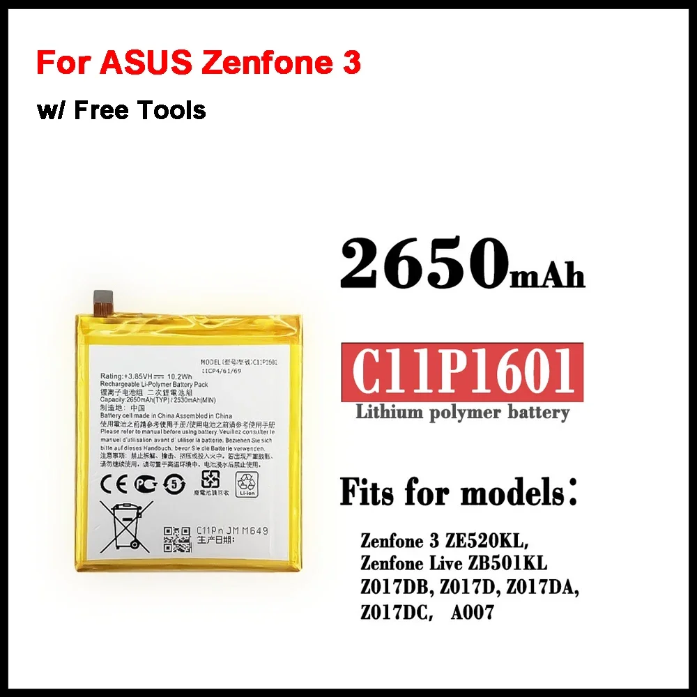 100% Original C11P1601 2650mAh New Battery For ASUS Zenfone 3 Zenfone3 ZE520KL Z017DA live ZB501KL A007+Free Tools